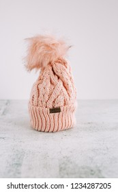 Pink Knit Toboggan Hat With Pompom