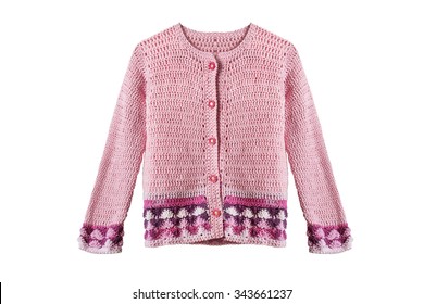 Pink Knitted Girlish Cardigan On White Background