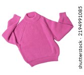 Pink knitted wool sweater, as if dancing with arms raised, on a white background, isolate