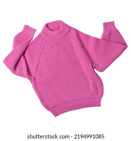 Pink knitted wool sweater, as if dancing with arms raised, on a white background, isolate