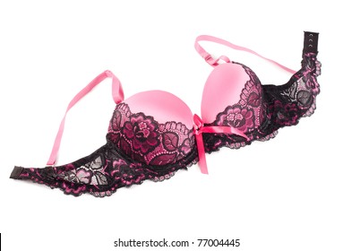 Pink lacy bra isolated on white