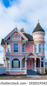 Pink Lady Victorian Mansion Exterior View In Old Town. - Eureka, California, USA - 2021