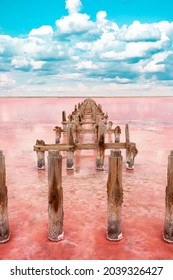 The pink lake is a beautiful landscape, unusual nature. A unique rare natural phenomenon. Salt lake with pink algae. Beautiful landscape. - Shutterstock ID 2039326427
