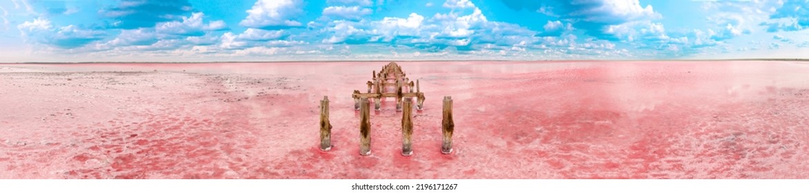 The Pink Lake Is A Beautiful Landscape, Unusual Nature. A Unique Rare Natural Phenomenon. Salt Lake With Pink Algae. Beautiful Landscape.