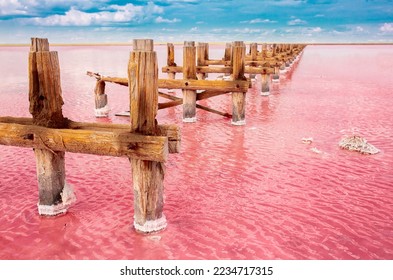 The pink lake is a beautiful landscape, unusual nature. A unique rare natural phenomenon. Salt lake with pink algae. Beautiful landscape. - Shutterstock ID 2234717315