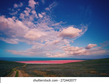 Pink Lake At Sunset Light