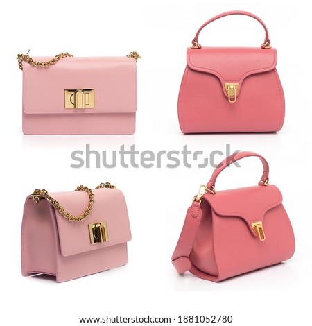 pink leather purse collection isolated on white background