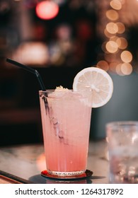 Pink Lemonade Drink With Bokeh Background At Night