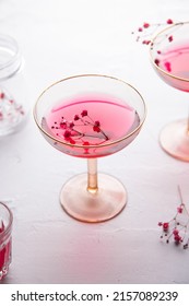 Pink Lemonade Drink In Champagne Glass With Dry Flower On Top With Backlight