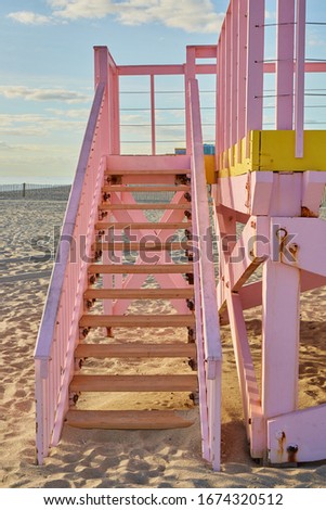 Pink Lifeguard tower,  Sunny isles Miami, Florida, USA December, winter sun, ocean, blue sky