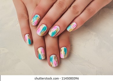 Pink   light blue abstract painting nail art