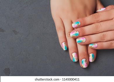 Pink   light blue abstract painting nail art