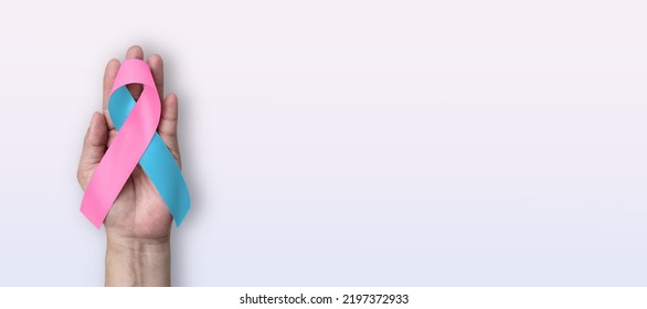 Pink light blue ribbon awareness for Birth defects month, (SIDS) Infertility, Pregnancy Miscarriage, Infant Loss, Amniotic Fluid Embolism, Male breast cancer, bow on white background on hand - Shutterstock ID 2197372933