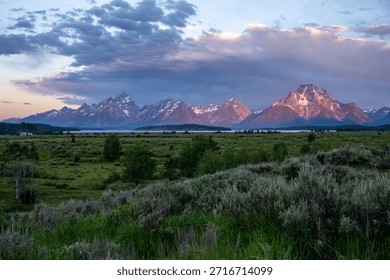 Pink Light Hits the Eastern Front of the Grand Teton Range