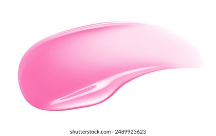 Pink lip oil or lip gloss swatch texture. Glossy liquid lipstick smear. Makeup product smudge isolated on white background