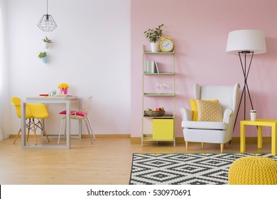 Pink Living Room With White And Yellow Furniture