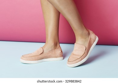 Pink Loafers On Woman In Studio