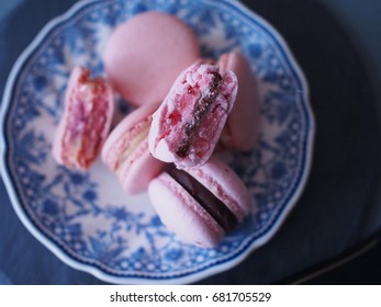 Pink Macarons, Bitten On Blue Pattern Vintage Plate, Top View