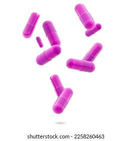 pink medical gel capsules falling down on white background. food supplement, pharmacy concept. plastick capsules pills - Shutterstock ID 2258260463