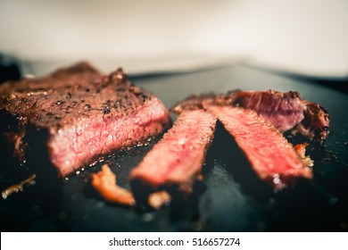 Pink Medium Rare Beef Steak Cut In To Pieces