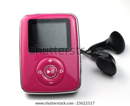pink mp3 player isolated on white
