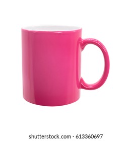 Pink mug on isolated background with clipping path. Ceramic coffee cup for montage or design.
