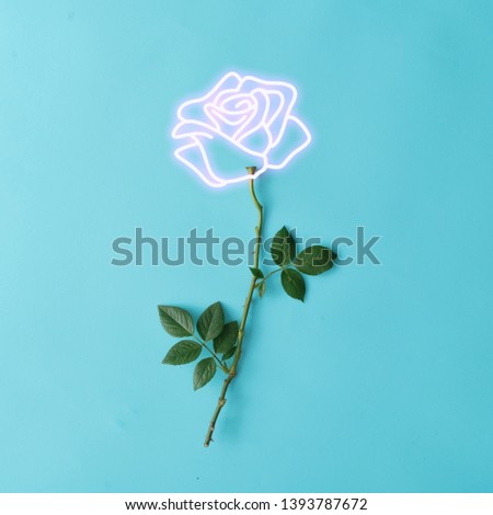 Pink neon lights rose sign with natural stem and leaves. Minimal flower concept. Flat lay.