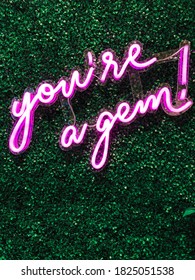 Pink Neon Sign YOU ARE A GEM On A Green Wall