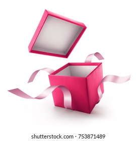 Pink Open Gift Box With Ribbon Isolated On White Background