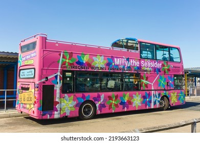 A Pink Open Top Stagecoach Bus At The At The Bus Station On A Sunny Day In Skegness UK. Aug. 2022