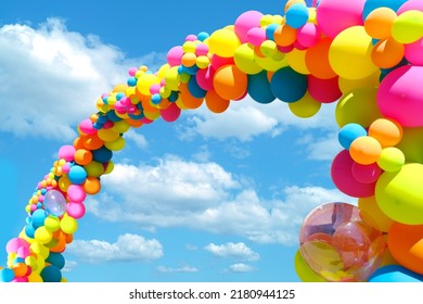 Pink, Orange, Yellow, Red, Green, Blue, White Holiday Balloons Bright Colors In Sky, Romantic Wedding Arch, Valentine's Day, Concept Of Birthday Party, Summer Holiday, Festival, Family Celebration