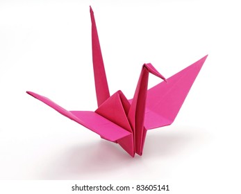 Pink Origami Bird On White Background