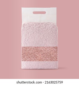 pink packaging template of white cat litter tofu sand on the pink background - Shutterstock ID 2163025759