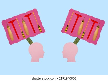 Pink Paper Head Looking Above Them Cloud With Tools, Two Masters, Creative Art Design