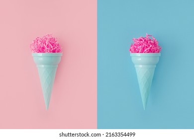 Pink paper ice cream scoop with ice cream plastic cone on bright blue and pink background. Minimal summer concept. Micro plastic in food. Recycling.