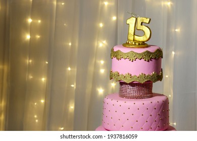 Pink party cake, 15th birthday, with golden number fifteen, pink cake, 15 year old birthday cake
