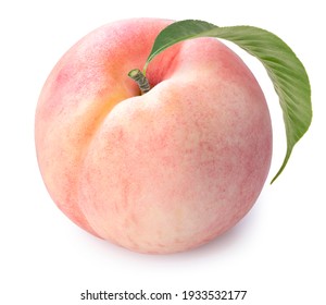 Pink peach fruit with leaf isolated on white background, Fresh Peach on White Background With clipping path, 