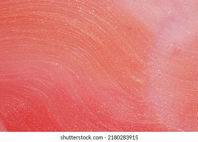 Pink, Peach And Red Lipstick Swatch On White Background With Copy Space. Lipgloss Swipe Texture,