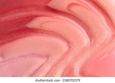 Pink, Peach And Red Lipstick Swatch On White Background With Copy Space. Lipgloss Swipe Texture,