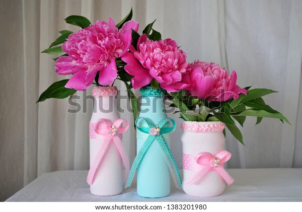 Pink Peonies Small Vases Wedding Decorations Stock Photo Edit Now