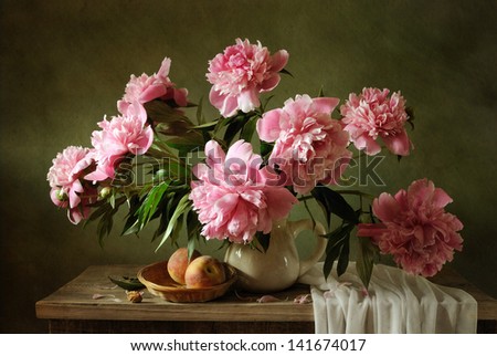 Pink peonies and two peaches
