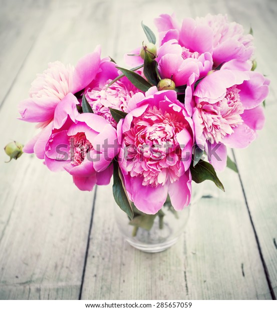 Pink Peonies Vase On Wooden Floor Stock Photo Edit Now 285657059