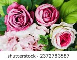 Pink peony. Artificial flowers. All saints day cementary bouquet. Fabric flowers perfect for outdoor. Tomb decoration. Pink rose flower. Soft cotton flower flakes. Decorative composition.