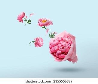 Pink peony flowers flying to beautiful bouquet on light blue background - Powered by Shutterstock
