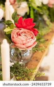 Pink peony in a natural themed table scape, wedding centerpiece 