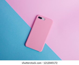 Pink Phone Case Back View. Template Of Iphone 8 Plus Case. Blue And Pink Background
