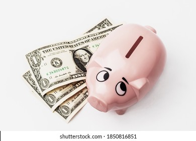 Pink Piggy Bank Looking Off Camera On A Low Angle View Next To Three US Dollar Bills On White Background. 