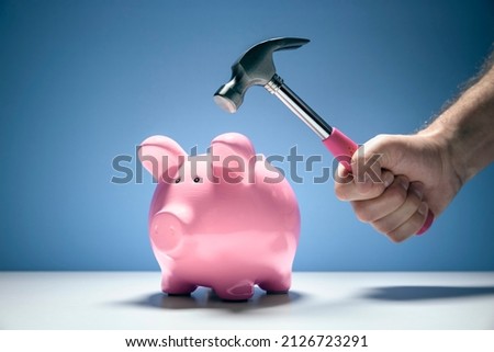 Pink piggy bank money box and hand with hammer about to hit and smash to get at savings