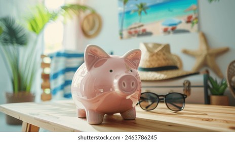 Pink piggy bank on table, summer vacation items in bright studio background. Saving for a summer trip, a piggy bank sits in a well-lit studio. - Powered by Shutterstock