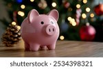 A pink piggy bank on a wooden table with blurred Christmas lights behind. Blurry Christmas decor frames a pink piggy bank on a wooden table, adding festive cheer. 